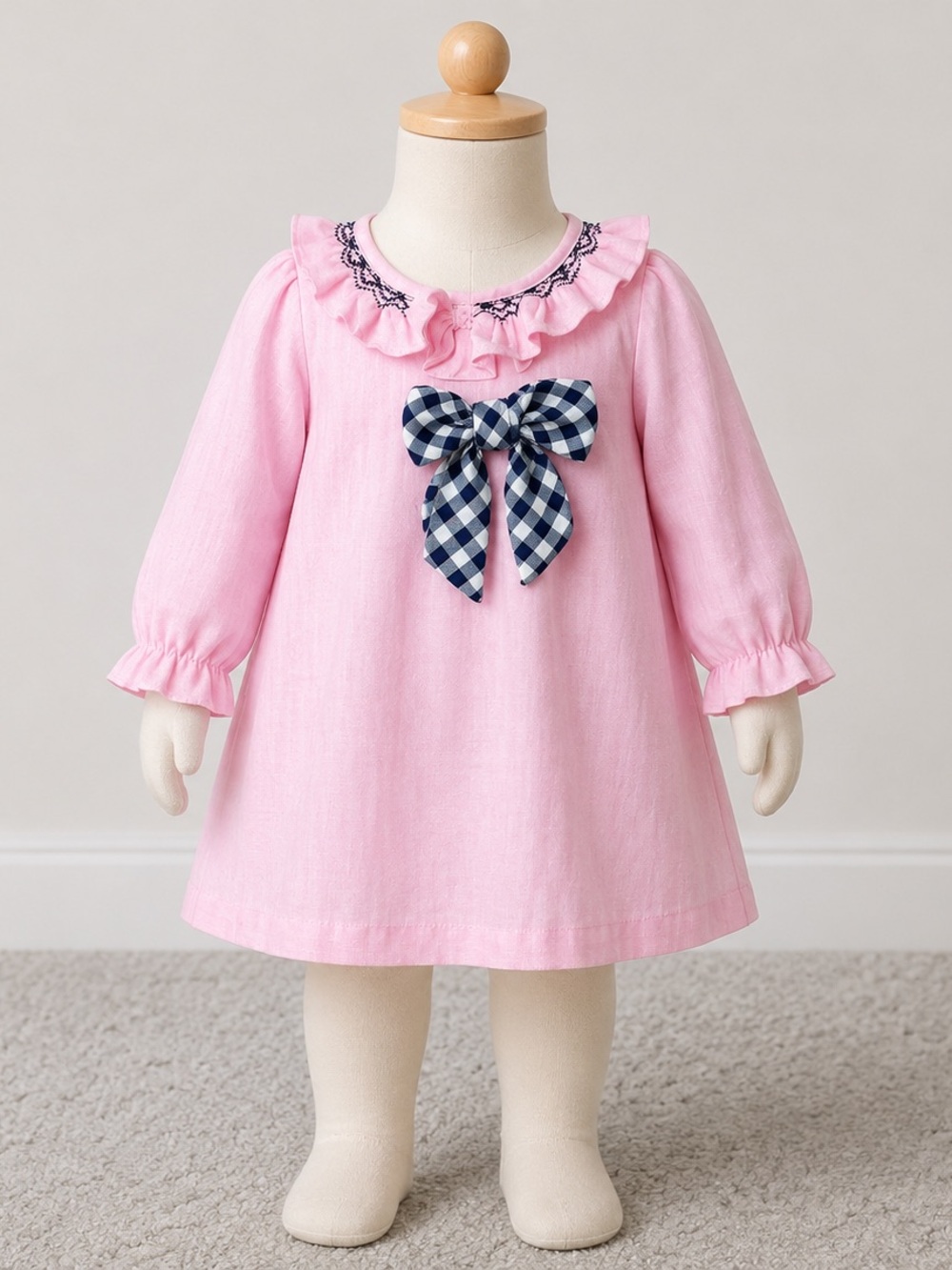 The Oaks Pink Ruffle Collar Toddler Linen Dress with Navy Gingham Bow Size 2T